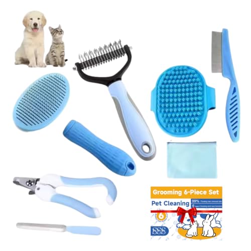 Kit Toelettatura 7-in-1 per Cani e Gatti – Set Professionale con Spazzola Rimuovi Pelo, Pettine Districante, Pettine per Pulci, Tagliaunghie con Lima e Borsa