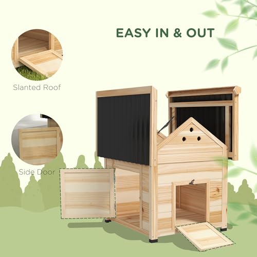 PawHut Duck Coop, Wooden Duck House, Outdoor Small Animal House with Openable Roof, Double Doors, Removable Base for 1-3 Ducks, Chickens, Rabbits, Cats, Natural Wood - Thumbnail 4
