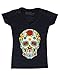 Sugar Skull Roses Women V-Neck Day of Dead Shirts #16553 Medium Black