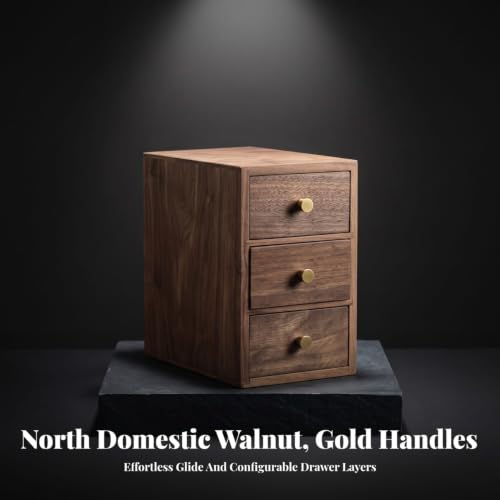 Image of Walnut Desk Organizer with Drawers Minimalist Desktop Drawer