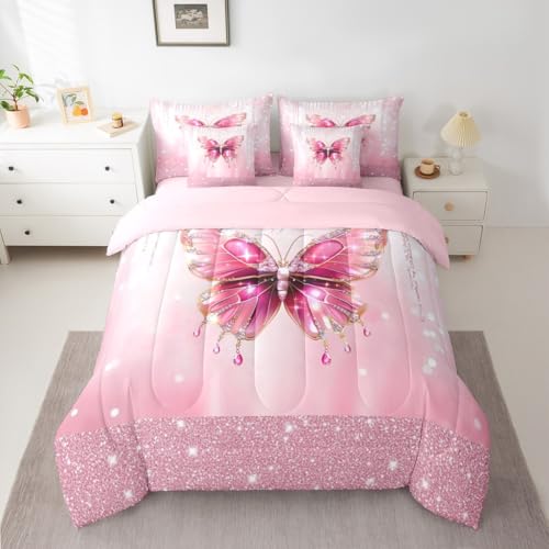 Image of Feelyou Pink Butterfly Comforter Set with Sheets 7 Piece Queen Size Dreamy Princess Bed in a Bag Kids Boys Girls Glitter Bedding Set Watercolor Butterflies Bedroom Decor Breathable Soft