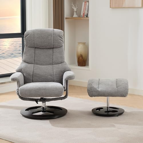 Shye Sillón de relax cómodo con masaje y función de calor, función reclinable y taburete, giratorio 360°, tela de chenilla gris