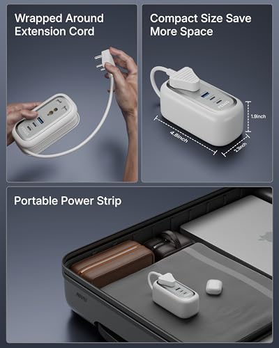 Image of FEDUS 67W GaN Travel Power Adapter Strip Compact Extension Board with USB Ports 4ft Long Retractable Cable Cord, 2 Type C, 1 USB Ports, 2 International Power Sockets, 2500W for Laptop, Home Appliances