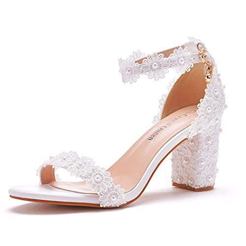 3 Inches Block Heel Sandals WomenThick Chunky Heels Peep Toe Wedding Sandals Full Pearls White Lace Sandals for Wedding Party Birthday and Evening Shoes