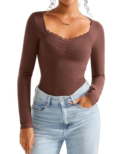 SUUKSESS Women Sweetheart V Neck Long Sleeve Tops Lace Trim Ribbed