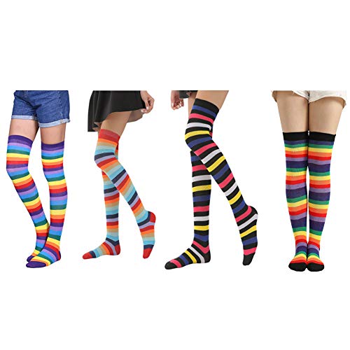 4 Pairs Womens Over Knee Sock Rainbow Striped Thigh High Socks Girl Long Knitting Socks Cute Cosplay Stockings