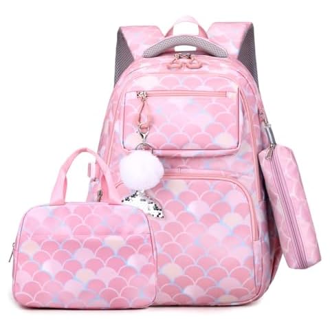 EKUIZAI 3PCS Mermaid Backpack for Girls Fish Scale Print Primary Bookbags set Girls Backpack with Lunch Box Cover