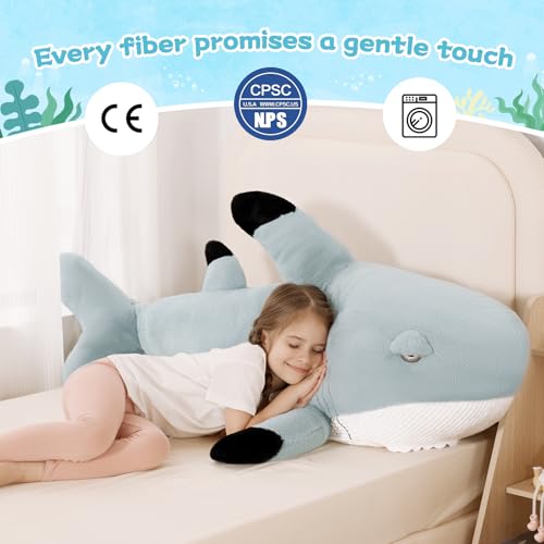 Image of Tezituor 51inches Giant Great White Shark Stuffed Animals, 4.3ft Oversize Gray Stuffed Shark Plush Body Pillow for Girls Boys, Realistic Ocean Plush Toy Christmas Birthday Gift Decora for Kids Adults