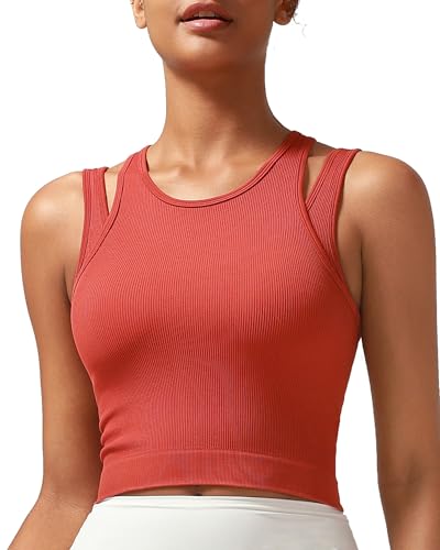 Image of RUNNING GIRL Sports Bras for Women High Impact Seamless Ribbed Longline High Neck Workout Crop Tank Tops Padded(BX3036Red,S)