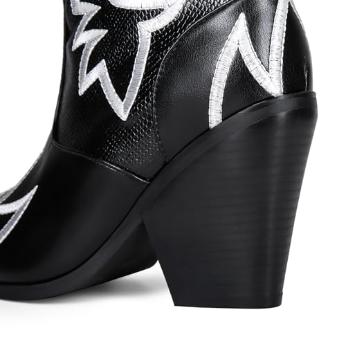 Image of Women Cowboy Boots Mid Calf Embroidered Cowboy Boots for Women Knee High Chunky Heel Pointed Toe Wide Calf Western Boots Cowgirl Boots