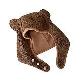 OATSBAS Fleece Beanie Hats for Women Men Bear Safety Hat Magnetic Buckle Ear Projection Cute Outdoor Winter Hat (One Size,Brown)