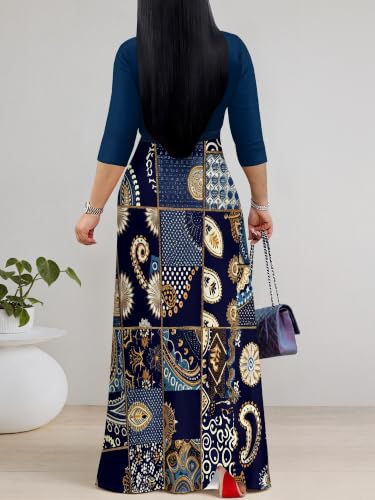 Image of PinkPatty Plus Size Maxi Dress for Women Casual V Neck 3 /4 Sleeve Boho Printed Long Dress with Pockets
