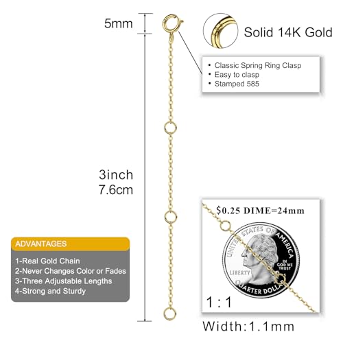 Image of 14K Solid Gold Necklace Extender Real Bracelet Extender 2 3 4 Inch Durable Adjustable Chain Gold Anklets Extension for Women 2 inch 3 inch 4 inch (14K Yellow Gold-3 IN)