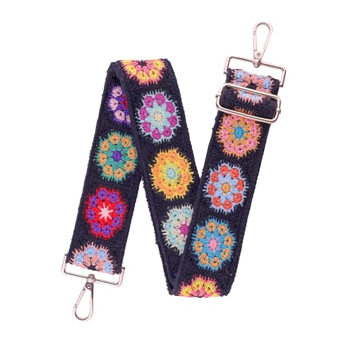 RUORANSUN 3D Flower Crochet Purse Strap Black 2" Wide Bag