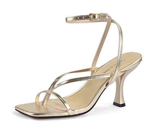 Image of Carcuume Womens Kitten Heels Square Toe Thong Strappy Ankle Strap Stiletto Heel Sandals