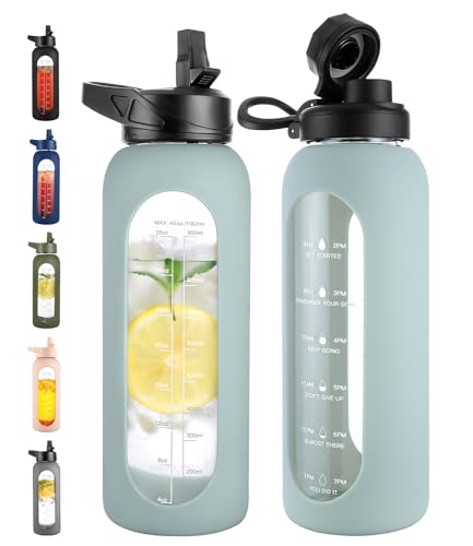 Image of CIVAGO 40 oz Glass Water Bottle with Straw and Handle, Large Sports Motivational Water Bottle Flask with Time Marker and 2 Lids, Leakproof Water Jug Canteen with Silicone Sleeve for Gym, Sage