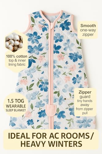 Image of TuddyBuddy Baby Cotton Wearable Quilted Sleeping Bag Blanket 1.5 Tog with 1 Way Zipper Closure | Ideal for Babies & Kids Hypoallergenic Fabrics | (Violets AOP, 12-18 Months)