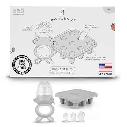 Image of Moss and Fawn Baby's First Bites Bundle - Silicone Frozen Breast Milk Popsicle Kit with Forage Feeder & Teething Popsicle Ice Cube Tray - BPA, PVC, & Lead-Free - Dew