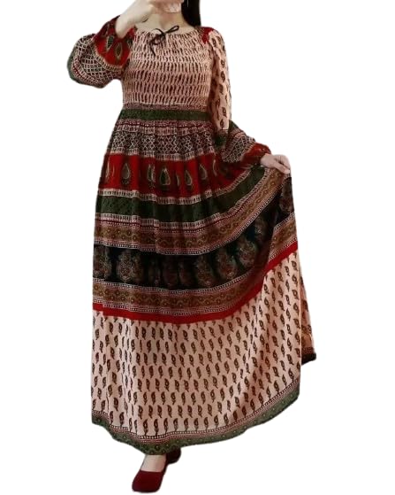 Image of Women's Cotton Dress Jaipuri Sanganeri Print Midi Long Dress Printed Fit and Flare Maxi Dress A-Line Gown Dress Maxi Skirt, Mandala (Free Size)