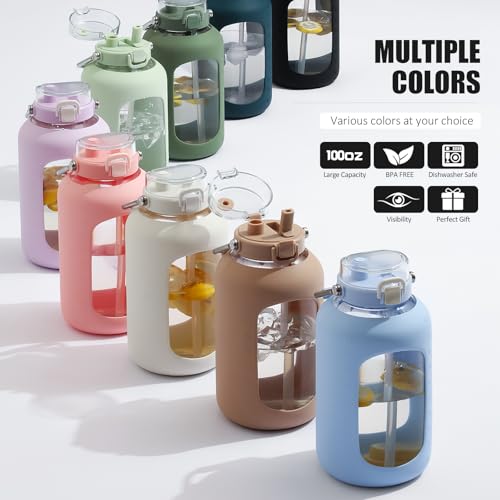 WINSA Large Glass Water Bottles with Stainless Steel Handle,100 oz Gallon Drinking Bottle with 2-in-1 Straw Lid,3 Liter Glass Water Jug with Silicone Sleeve,Wide Mouth,White