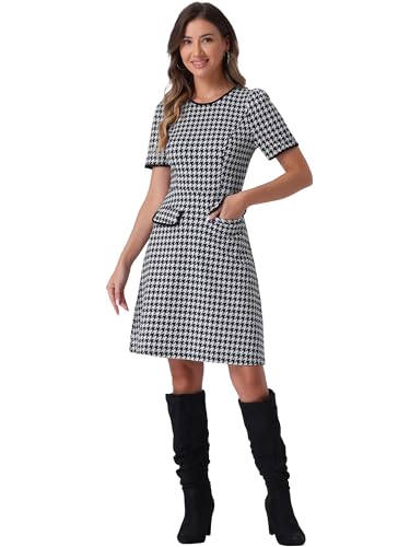 Allegra K Plaid A-Line Dress for Women's Crewneck Contrast Trim Elegant Houndstooth Dress Black S