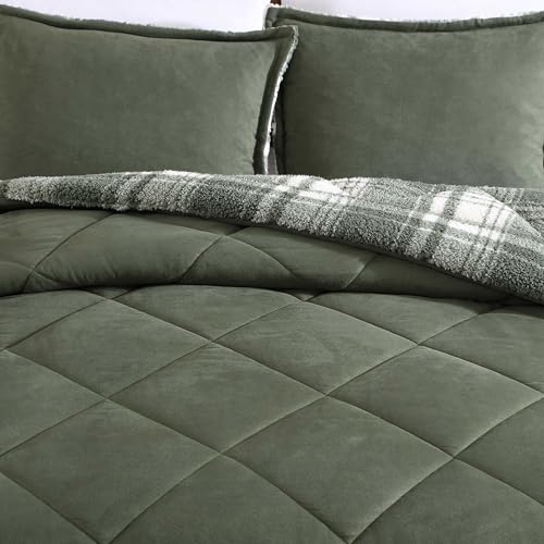 Image of Eddie Bauer - Twin Comforter Set, Microsuede Bedding with Soft Plush Faux Shearling Reverse, 2 Piece Bed Set with Matching Pillowcase (Big Lake Plaid Green)