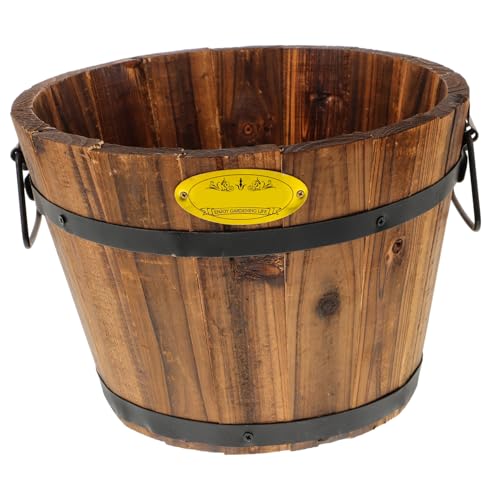 DOITOOL Wooden Barrel Planter 10.2 Inch Round Whiskey Barrel Flower Pot Rustic Wooden Flower Bucket with Handle for Indoor Outdoor Garden Balcony