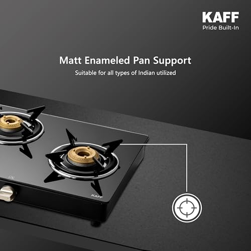 Image of KAFF CTC 77 3B Gas Stove /Cooktop 3 Burners with Manual Ignition 77 CM, High Efficiency Brass Burners, Black Tempered Glass, Enamelled Pan Support (Black)