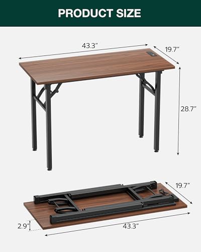 Image of Small Folding Computer Desk - 43.3 Inch Portable Table for Craft and Study, Lightweight Desk for Small Spaces, Foldable Laptop Table Built-in AC /USB Outlets for Convenience, Dark Walnut