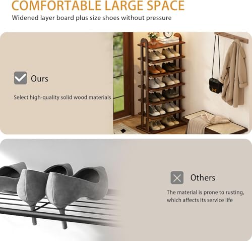 Image of 7-Tier Solid Wood Shoe Rack, Tall Narrow with Removable Shelves, Space Saving Shoe Organizer for Entryway Closet Corner Doorway, Walnut