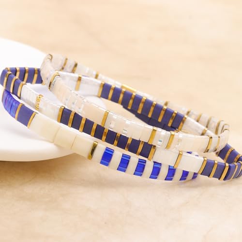 Tila Flat Gold Beaded Bracelets Stretch Set for Women,Handmade Miyuki Glass Square Beads Stack Bracelet Festive Friendship Accessories Jewelry Gift.4