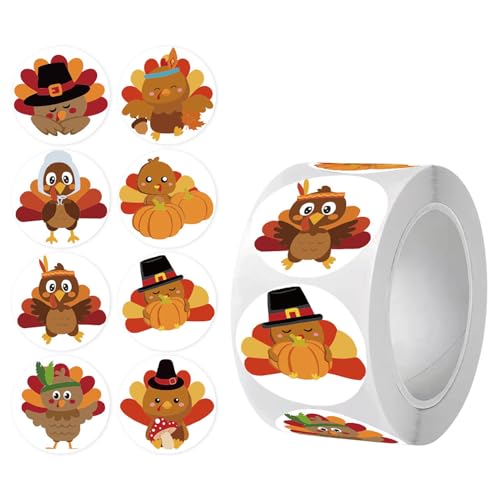 500Pcs Fall Stickers Roll 8 Turkey Round Design Thanksgiving Stickers 1 Inch Self-Adhesive Cartoon Cute Labels Roll Decals Pumpkin Stickers for Fall Party Envelope Seals Card Gift Box Decor Supplies