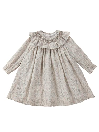 Baby Girls Long Sleeve Smocking Clothing Toddler Fall Floral Smocked Dress Vintage Dresses for Easter Birthday Holiday (US, Age, 12 Months, Beige)