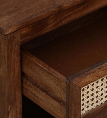 Image of MISAN Boston Solid Wood Bedside Table with Rattan Drawers Mid Century Night Stand for Living Room, Bedroom (SA - Brown)
