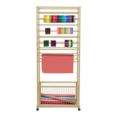 CNCEST Double Sided 20-Layer Ribbon Holder Organizer Rack,Free Standing Mobile Ribbon Holder,Metal Ribbon Stand Organizer Ribbon Storage Shelf for Craft Room,Wrapping Paper (Gold,20 Layer)