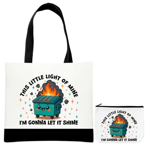 MGFYFGHJ Canvas Tote Bag，Zipper Makeup Bag Funny Dumpster Fire Gift This Little Light Of Mine I'm Gonna Let It Shine，Dumpster Fire Reusable Shoulder Bags Birthday Christmas Gift for Friend Bestie