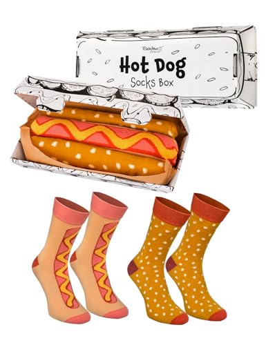 Rainbow Socks - Hot Dog Socks Box - Women's Men's Socks with Hot Dog Pattern - Novelty Gift for Fans of Fast Food and Funny Socks - 2 Pairs - Size 7.5-11