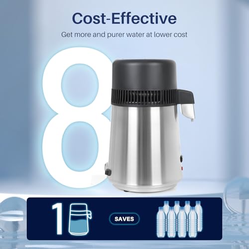 PUREPLUS 750W Stainless Steel Water Distiller - 4L Capacity, Auto Shutoff, BPA-Free Home & Commercial Purifier with Glass Container