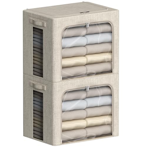Image of FHSQX 2 Pack Clear Window Storage Bins - Large Stackable Linen Fabric Storage for Clothes Foldable Container Organizer Set with Carrying Handles (Beige, 16.5x 12.2x 12.2Inch)