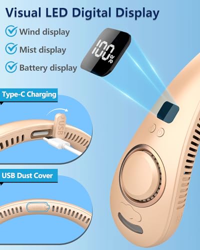 Image of Neck Fan that Blow Cold Air with Mist Spray, Rechargeable with Long Battery Powered, Foldable Water Cooler with LED Display, Leafless Necklace Fans for Women Adult Hot Flashes Summer Outdoor, Apricot