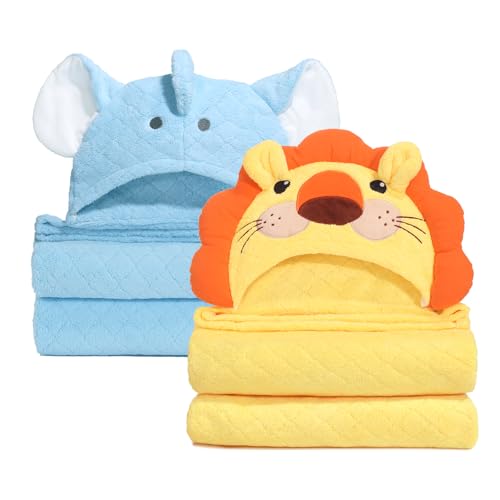 Image of WODHOY Toddler Bath Towel with Animal Hood for 0-5 Years,2 Pack Coral Fleece Bath Towels with Large Size 50 in*32 in,Ultra Absorbent Thick Soft for for Baby Kids Chirdern, Blue Elephant & Yellow Lion