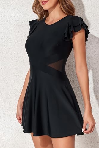 Smismivo Swim Dress for Women Tummy Control One Piece Swimsuit with Skirt Modest Bathing Suit Ruffle Sleeve Swimwear2