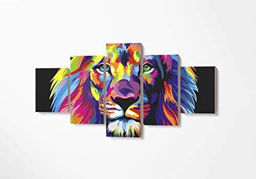 Quadro 5 Peças Decorativo Leão Colorido Color 129x64cm