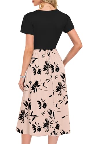 MOLERANI Kleider Damen Sommer - Rundhals Kurzarm Freizeit Kleider Hohe Taille Strandkleid mit Taschen Schattenblume L 4