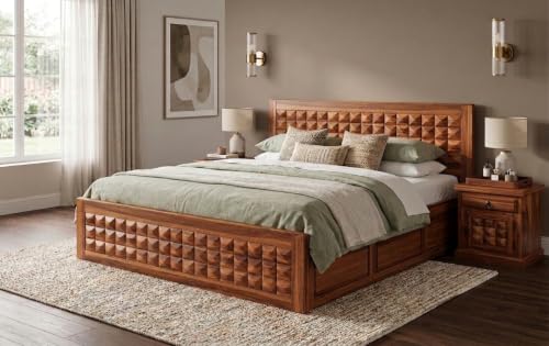 Image of Solid Sheesham Wood King Size Bed with Storage|Wooden Box Bed King Size Double Cot Bed with Storage Box for Home,Bedroom,Hotel,Living Room|3D Diamond Carved Design Headboard|Honey Finish