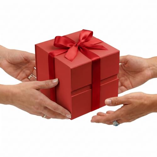 Image of LIFELUM Red Gift Box with Lid 7 x 7 x 7 inch, 1 Pack Magnetic Gift Box for Presents Includes Greeting Card, Ribbon and Paper Filler for Christmas, Birthday, Wedding, Baby Shower