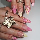 24Pcs Medium Press on Nails Almond French Tip Fake Nails Pink Hawaii Flower Acrylic Nails with Gold Rhinestones Design Summer Glue on Nails Full Cover Artificial False Nails Tips for Women Manicure