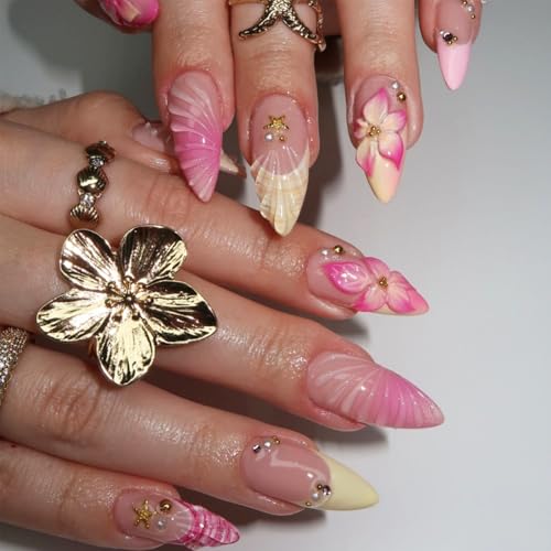 24Pcs Medium Press on Nails Almond French Tip Fake Nails Pink Hawaii Flower Acrylic Nails with Gold Rhinestones Design Summer Glue on Nails Full Cover Artificial False Nails Tips for Women Manicure