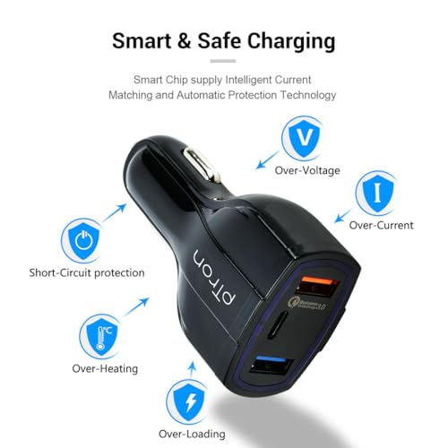 Image of pTron Bullet Pro 36W Type-C /PD 3 Port Fast Car Charger Adapter, Compatible with All Smartphones, Tablets & Other USB Powered Devices (Pearl Black)
