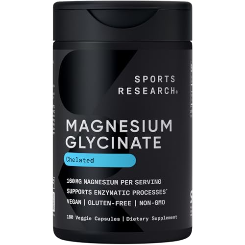 Sports Research® Magnesium Glycinate - Supports Restful Sleep & Enzymatic Processes - 160 mg Chelated Magnesium - Vegan Capsule - 180 Count